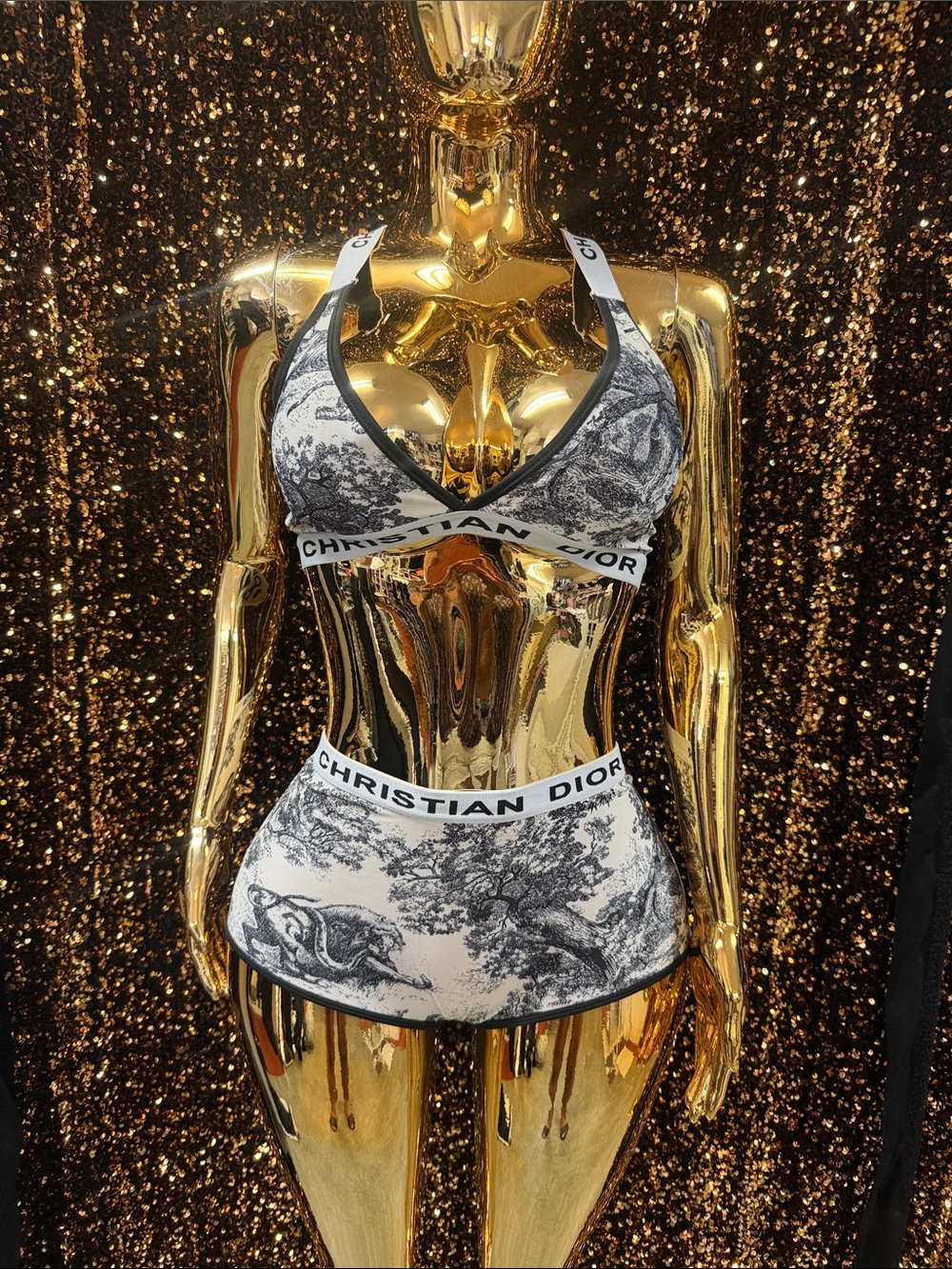 Dior Black and White Toile-Print Bralette & High-Waist Brief Set